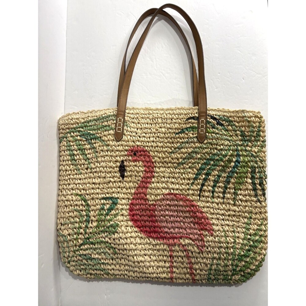 INC Women's Straw Beach Woven Tote Bag Flamingo Design Beige Green Pink Large
